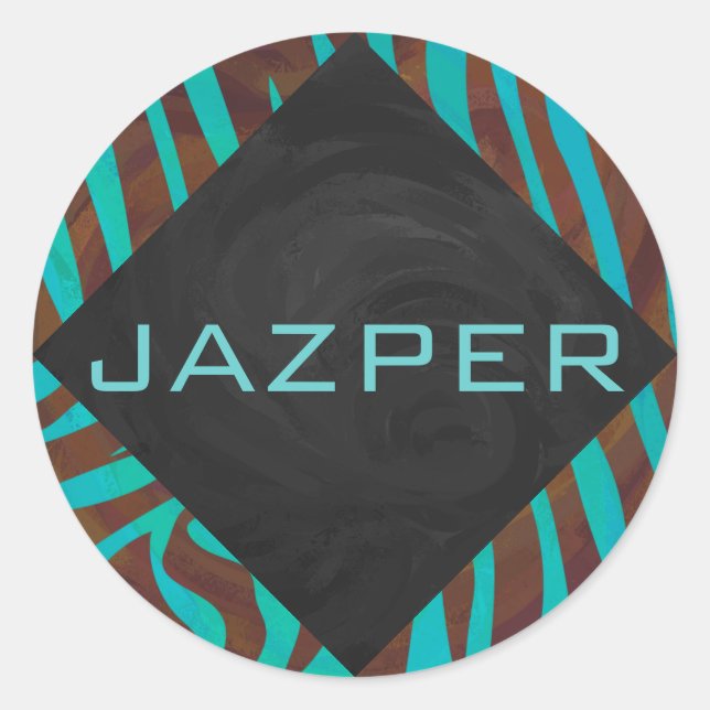 Zebra Brown and Teal with Monogram Classic Round Sticker (Front)