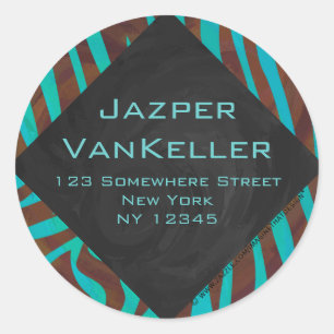 Zebra Brown and Teal with Monogram Classic Round Sticker