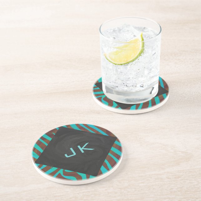 Zebra Brown and Teal with Monogram Coaster (Side)