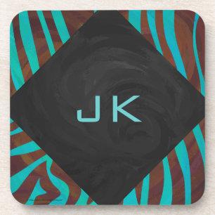 Zebra Brown and Teal with Monogram Coaster