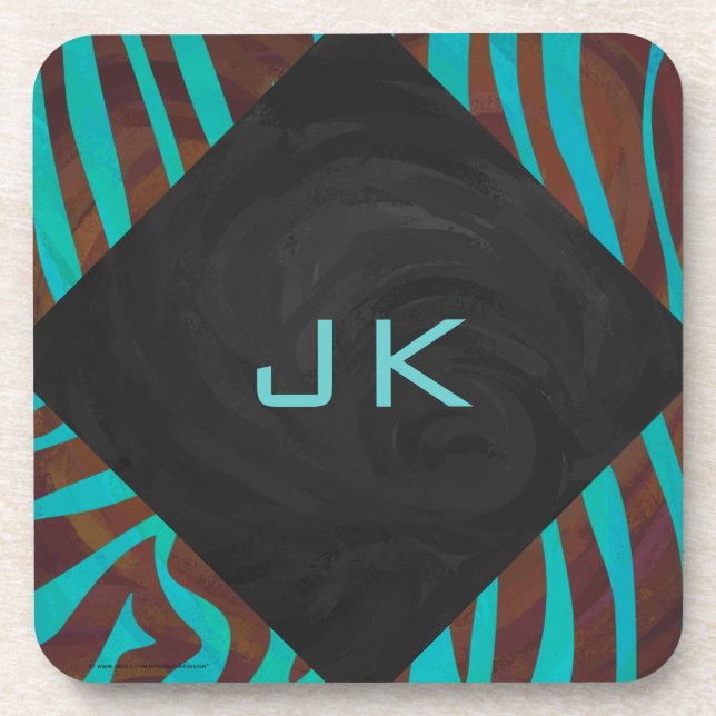 Zebra Brown and Teal with Monogram Coaster (Front)