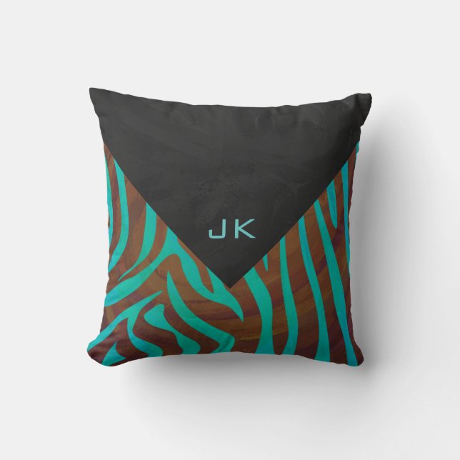 Zebra Brown and Teal with Monogram Cushion (Front)