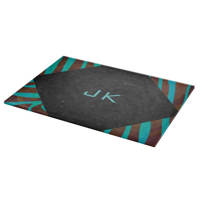 Zebra Brown and Teal with Monogram Cutting Board (Corner)