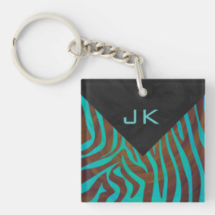 Zebra Brown and Teal with Monogram Key Ring