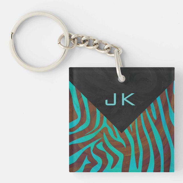 Zebra Brown and Teal with Monogram Key Ring (Front)