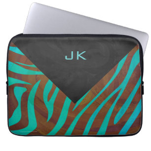 Zebra Brown and Teal with Monogram Laptop Sleeve