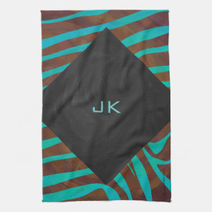 Zebra Brown and Teal with Monogram Tea Towel