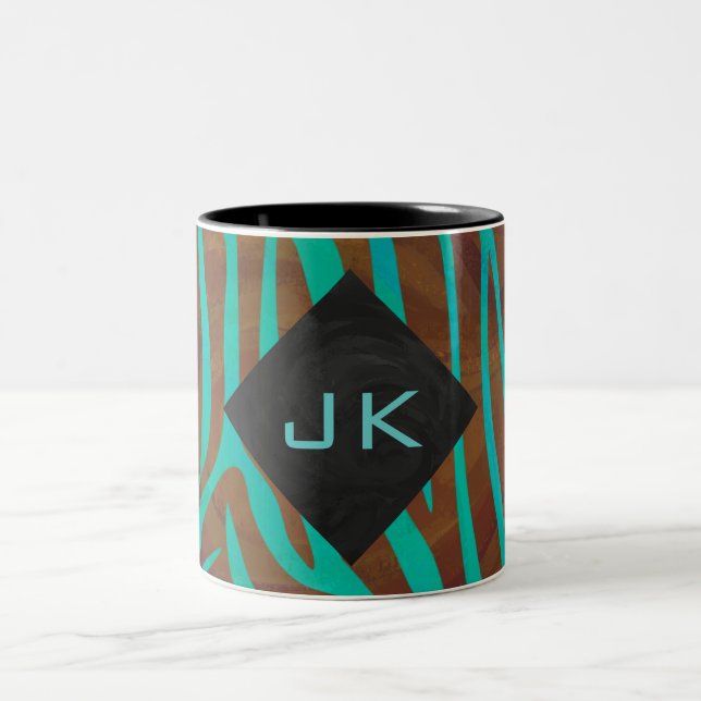 Zebra Brown and Teal with Monogram Two-Tone Coffee Mug (Center)