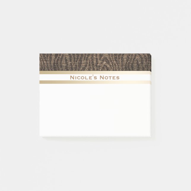 Zebra Brown Gold Sparkle Glam Trendy Personalised Post-it Notes (Front)