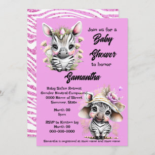 Zebra cartoon cute jungle safari girls glitter invitation