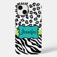 Zebra Cheetah Leopard Skin Black White Teal Name