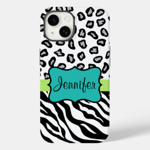 Zebra Cheetah Leopard Skin Black White Teal Name Case-Mate iPhone 14 Case