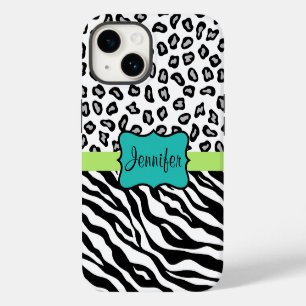Zebra Cheetah Leopard Skin Black White Teal Name iPhone 14 Case