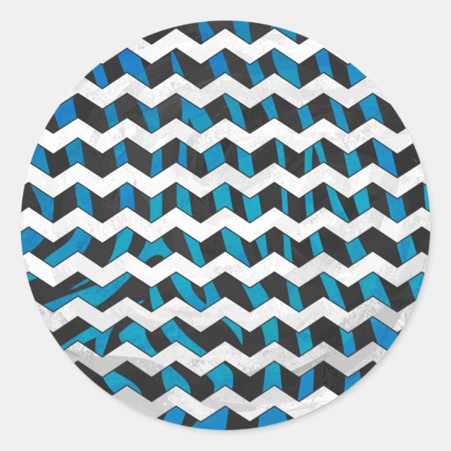 Zebra Chevron Black and Blue Classic Round Sticker (Front)