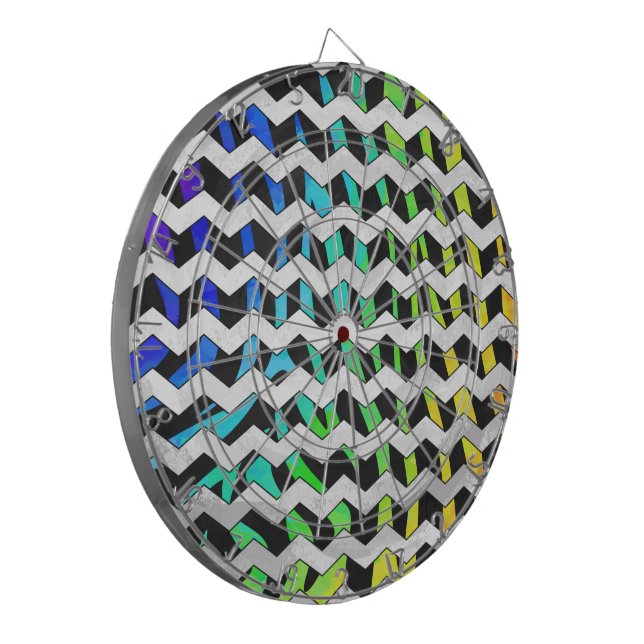 Zebra Chevron Black and Rainbow Print Dartboard (Front Left)