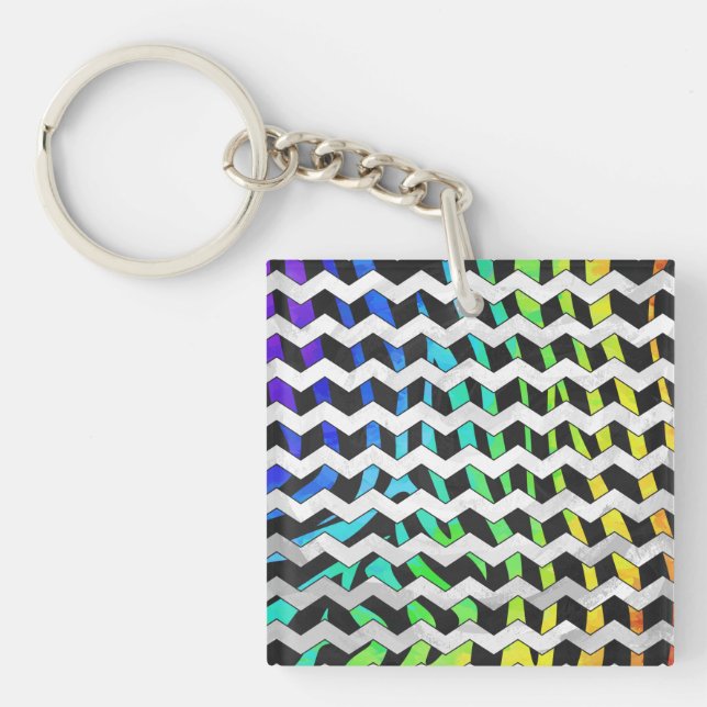 Zebra Chevron Black and Rainbow Print Key Ring (Front)