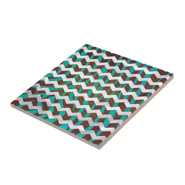 Zebra Chevron Brown and Teal Print Ceramic Tile (Side)