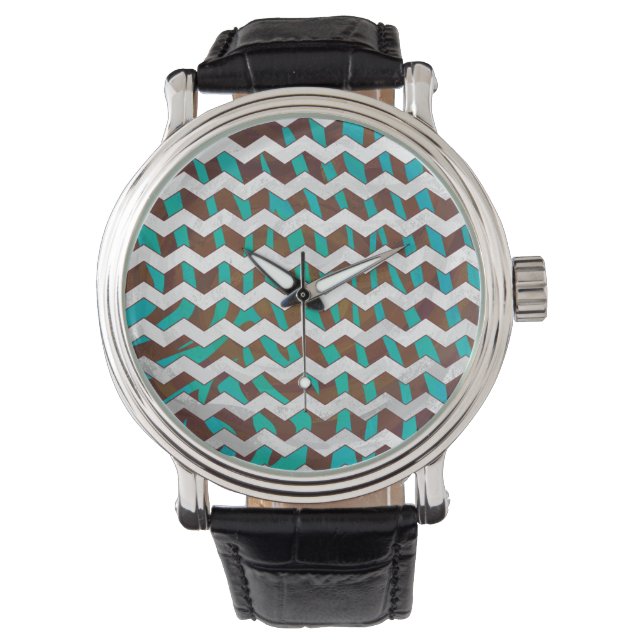 Zebra Chevron Brown and Teal Print Watch (Front)