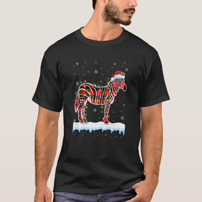 Zebra Christmas Santa Hat Cute Animals Xmas Lights T-Shirt (Front)