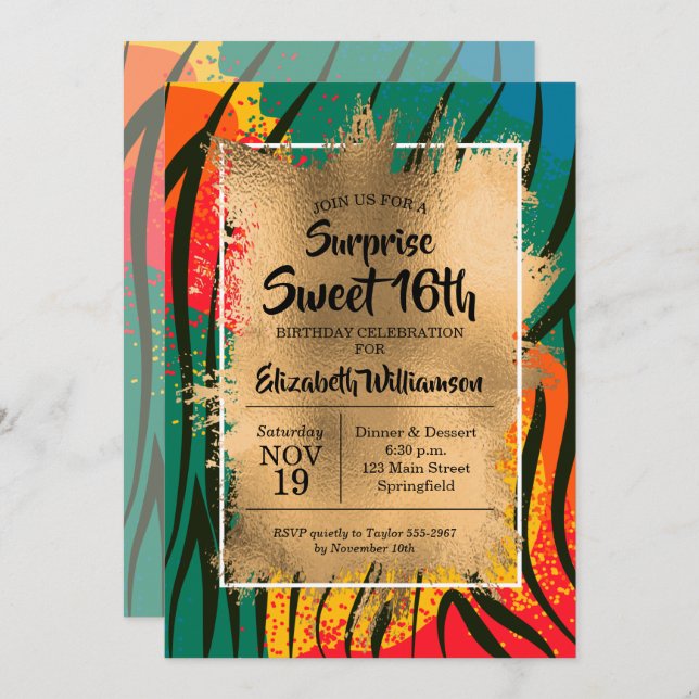 Zebra Colourful Sweet 16th Birthday Invitations (Front/Back)