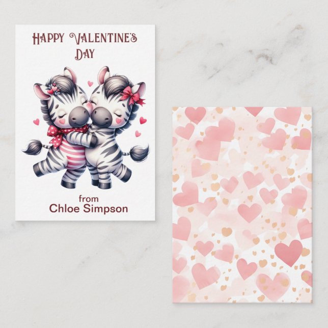 Zebra Couple Kid's Valentine Classroom Party Card (Front/Back)