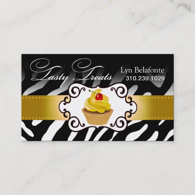 Zebra Cupcake Frame "Tasty Treats" gold Business Card (Front)