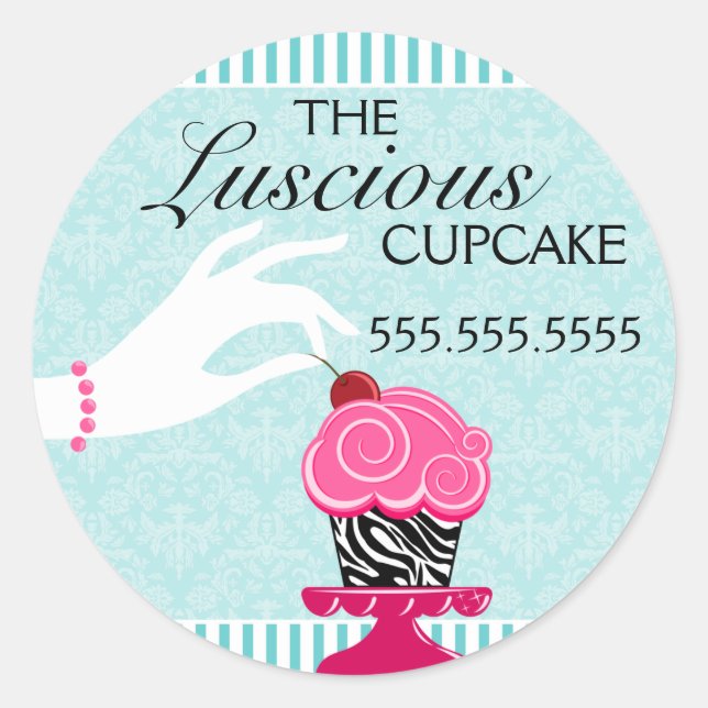 Zebra Cupcake Teal Damask Bakery Seals (Front)
