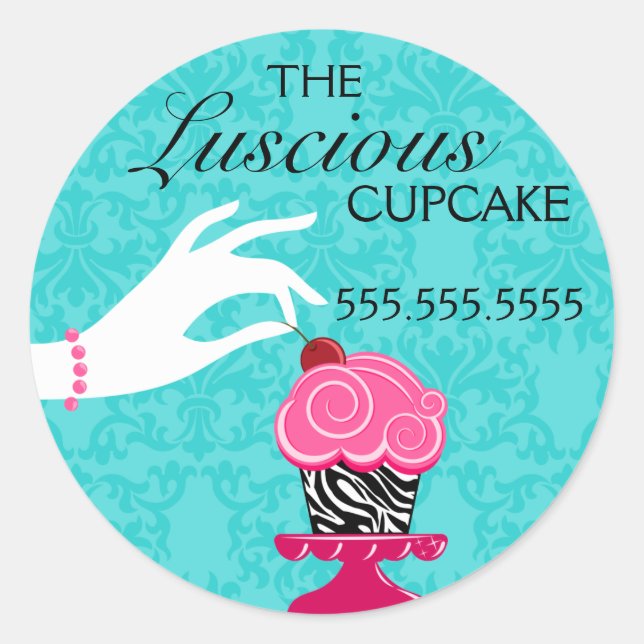 Zebra Cupcake Turquoise Damask Bakery Seals (Front)