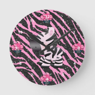 Zebra & Cupcakes Pink & Black Glitter Animal Print Round Clock