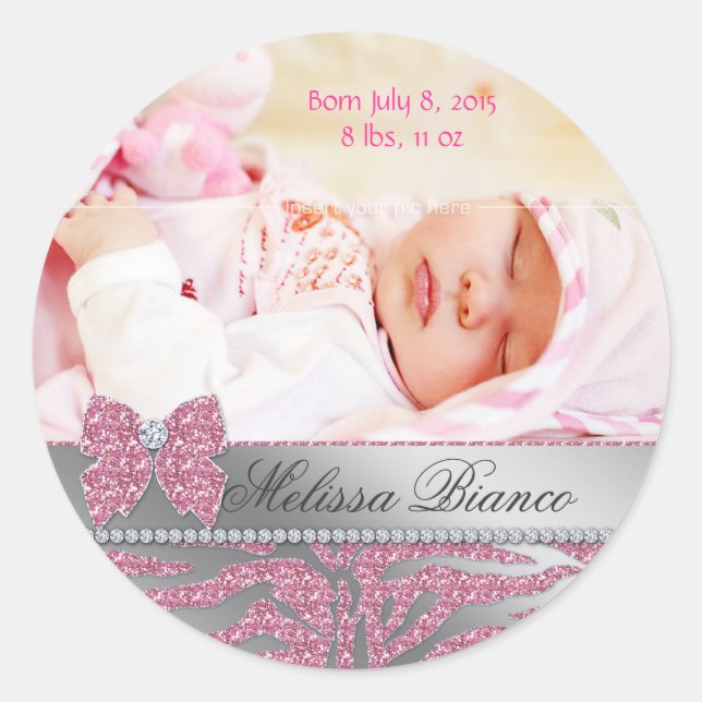 Zebra Cute Bow Baby Girl Announcement Sticker (Front)