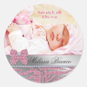 Zebra Cute Bow Baby Girl Announcement Sticker