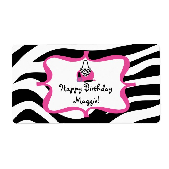Zebra Diva Spa Birthday Water Bottle Label (Front)