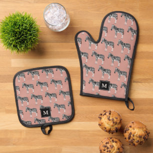 Zebra Exotic Animal Pattern Blush Pink Monogram Oven Mitt & Pot Holder Set