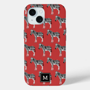Zebra Exotic Animal Pattern Deep Red Monogram iPhone 15 Case