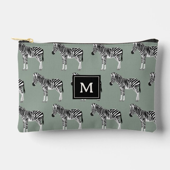 Zebra Exotic Animal Pattern Sage Green Monogram Accessory Pouch (Front)