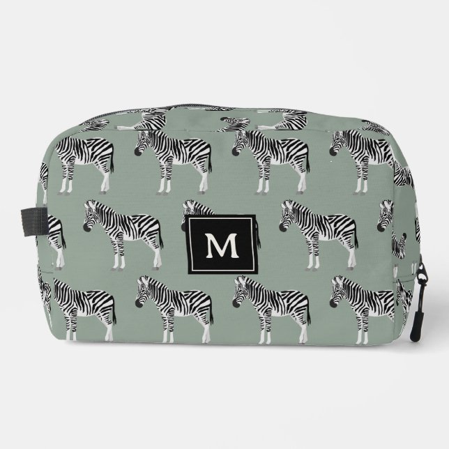 Zebra Exotic Animal Pattern Sage Green Monogram Dopp Kit (Front)