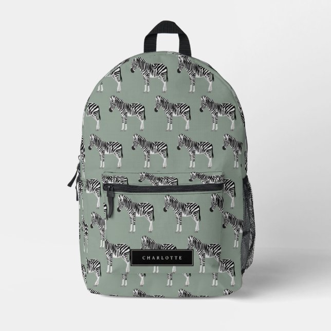 Zebra Exotic Animal Pattern Sage Green  Printed Backpack (Front)