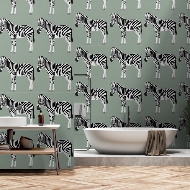 Zebra Exotic Animal Pattern Sage Green  Wallpaper (Bathroom)