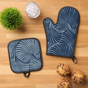 Zebra Fan Palm Hawaiian Tropical Navy Blue Oven Mitt & Pot Holder Set