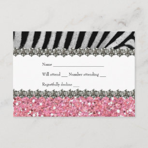 Zebra Faux Rhinestone Pink Glitter RSVP Card