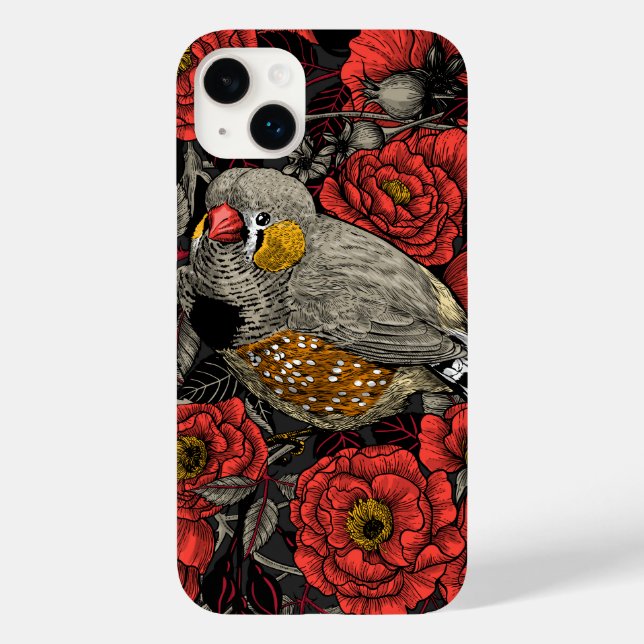 Zebra finch and red rose bush Case-Mate iPhone case (Back)