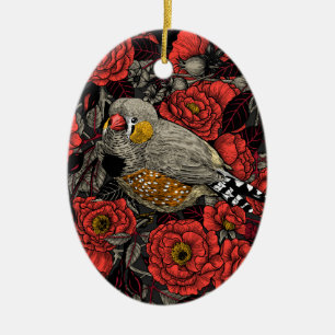 Zebra finch and red rose bush ceramic ornament