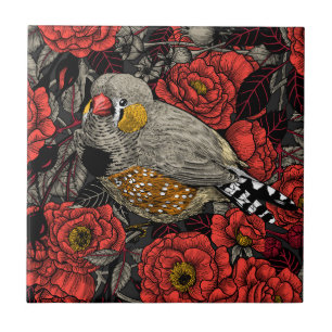 Zebra finch and red rose bush ceramic tile