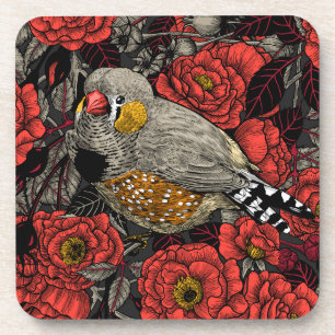Zebra finch and red rose bush coaster