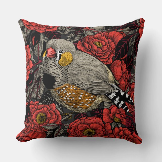 Zebra finch and red rose bush cushion (Front)