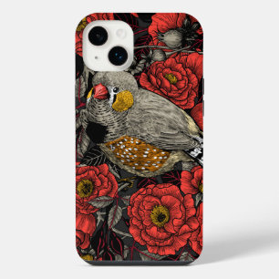 Zebra finch and red rose bush iPhone 14 plus case