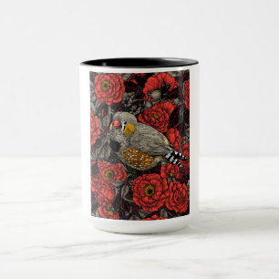 Zebra finch and red rose bush mug