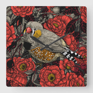 Zebra finch and red rose bush square wall clock