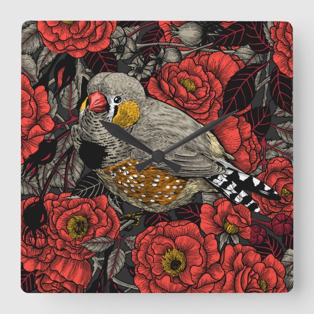 Zebra finch and red rose bush square wall clock (Front)