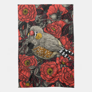 Zebra finch and red rose bush tea towel
